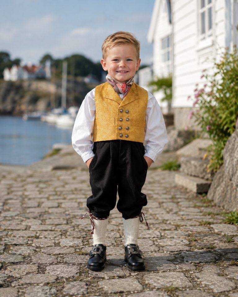 Gutt i barnebunad med gul brokadevest, hvit skjorte og svarte knebukser